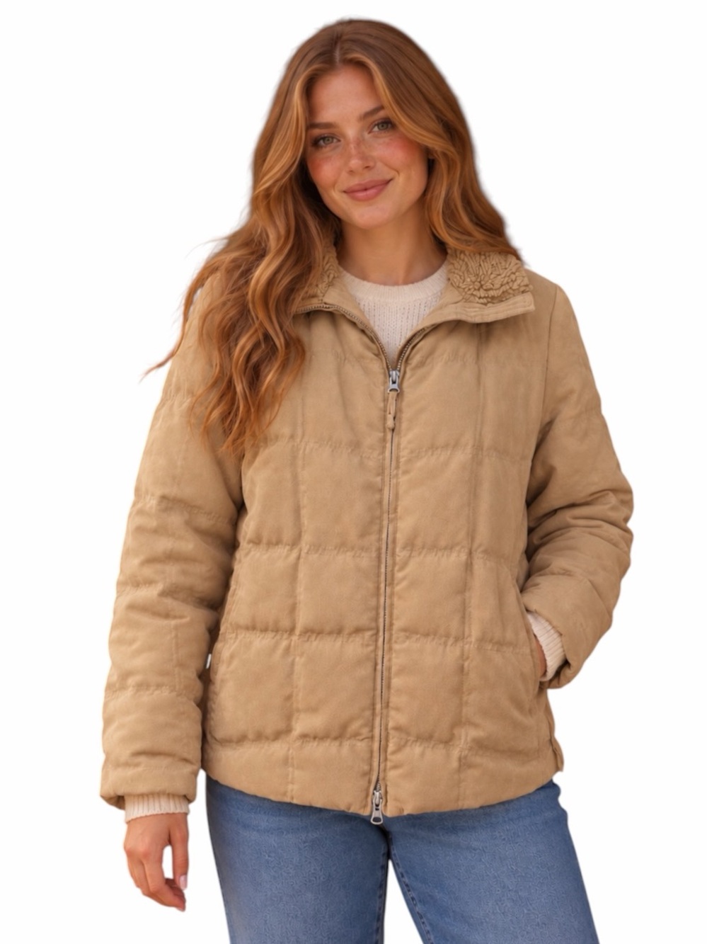 L.L. Bean Large Beige Tan Goose Down Puffer Jacket Faux Fur Trim Winter Fall